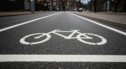 Obraz premium Bicycle Lane Symbol on Urban Asphalt Road, Highlighting Cycling Infrastructure for Commuters in a City Environment