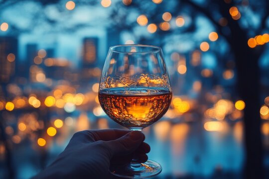 A hand holds a crystal snifter of cognac while gazing out at a vibrant city skyline at dusk, with sparkling lights adding a warm glow to the setting Generative AI