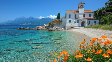 Coastal Villa Paradise:  Serene Mediterranean Seascape with Blossoming Flowers