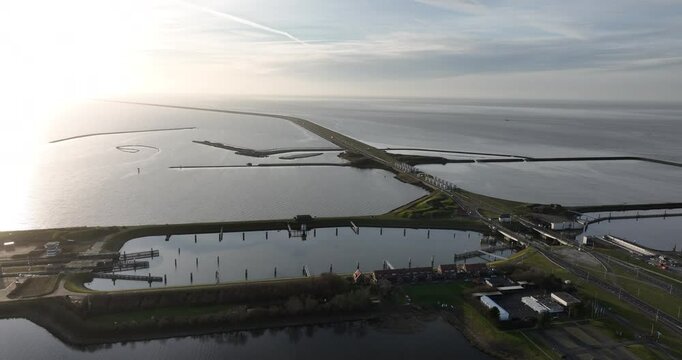 Lorentz locks, water way, transportation infrastructure at the Afsluitdijk, Kornwerderzand, Friesland, The Netherlands. Aerial drone view.
