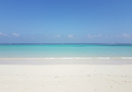 Tranquil turquoise waters lapping a pristine white sand beach under a vibrant blue sky, a perfect tropical paradise.