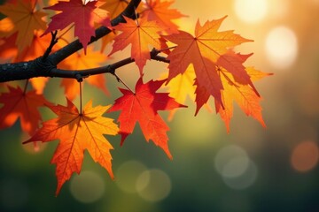 Obraz premium Autumn tree branch with colorful leaves hanging down , wood, nature