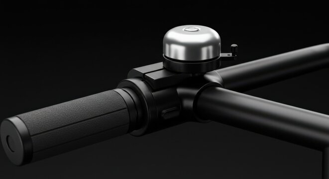 Close-Up of a Modern Bicycle Handlebar featuring a Streamlined Bell and Grips against a Black Background, Showcasing Innovative Design and Engineering
