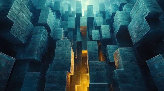 Abstract Digital Cube Metropolis: A Glimmer of Light in a Teal Labyrinth