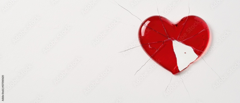 Poster close-up of a broken heart on a white background. the heart is in the center of the image and appear