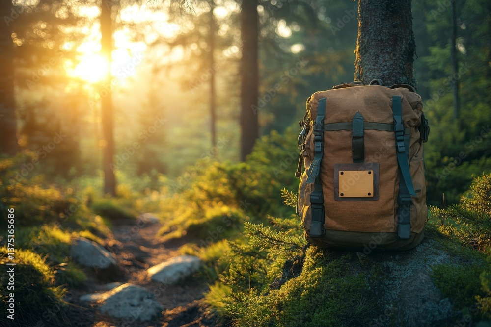 Aufkleber a warm glow from the rising sun illuminates a backpack resting against a tree, surrounded by lush gr