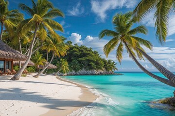 Obraz premium Tranquil Beach Paradise with Pristine White Sand Lush Palm Trees and Crystal Clear Waters for the Ultimate Vacation Escape