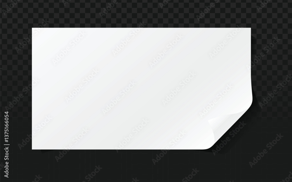 Poster white rectangular paper sheet with curled corner, digital design. dark checkered transparent backgro