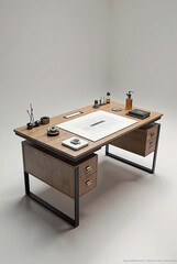 A futuristic, modern desk tailored for designers and creative professionals. The desk features a modular, multi-functional surface with sections for manual sketching, a built-in digital drawing 