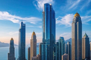 Fototapeta premium Stunning High-Rise Architecture Under Bright Blue Skies with Breathtaking Daylight Views