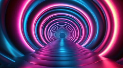 Naklejka premium A futuristic design featuring glowing concentric circles in neon pink and blue, emitting light from the center to create an energetic and modern digital effect.