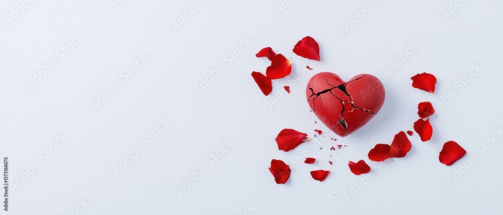 Poster flat lay of a broken red heart on a white background. the heart is in the center of the image and is