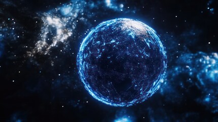 Obraz premium A luminous sphere representing a network in a dark cosmic space