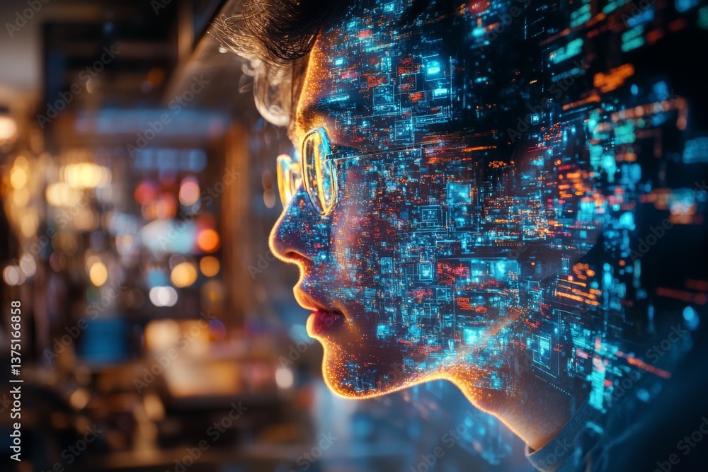 Poster a young individual with glasses gazes thoughtfully while visual data and technology concepts flow ar