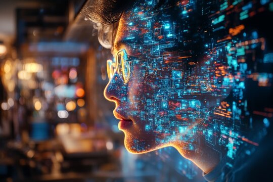 A young individual with glasses gazes thoughtfully while visual data and technology concepts flow around the head, symbolizing artificial intelligence advancement Generative AI