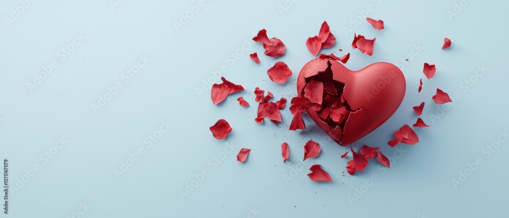 Poster 3d rendering of a broken red heart on a light blue background. the heart is in the center of the ima