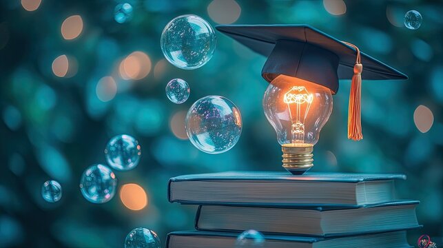 Graduation cap atop a lit lightbulb resting on textbooks with floating soap bubbles represents innovative education and creative thinking