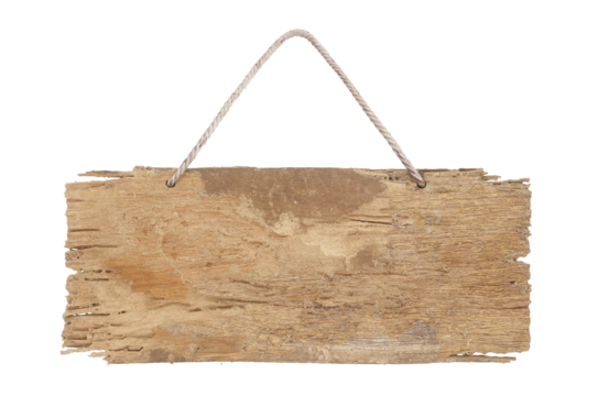 Old wood, decay old wooden sign planks with rope textures isolated on white