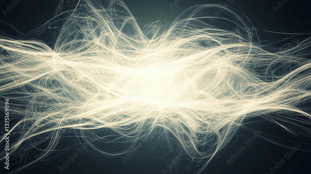 Poster abstract glowing white light waves with intricate fractal patterns on dark background, evoking energ