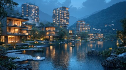 Serene Lakeside Resort nestled in Mountain Valley at Dusk