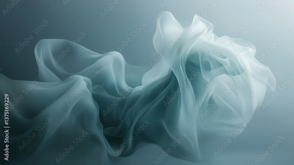 Poster soft flowing mist like abstract waves in serene blue gradient background, evoking calm and tranquili