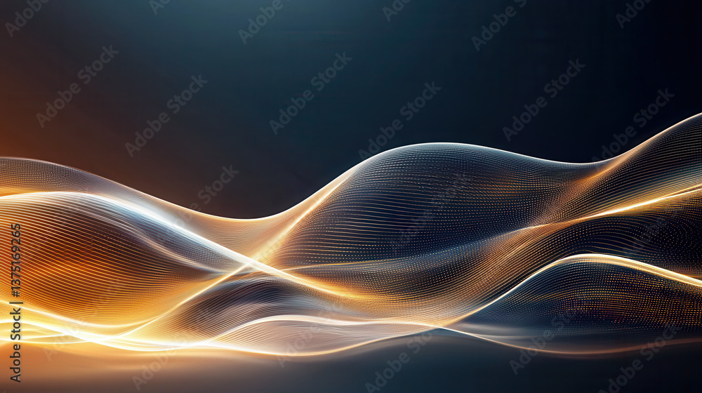 Poster abstract waves with luxurious golden shimmer flow gracefully on dark background, creating dynamic an