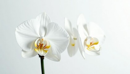 Obraz premium Delicate white orchid blossom against pure white backdrop, photography, nature