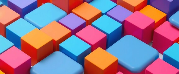 Obraz premium Vibrant 3D Colorful Cubes Abstract Background Design featuring bright saturated hues and a dynamic geometric pattern perfect for modern branding playful designs and technology projects, Banner