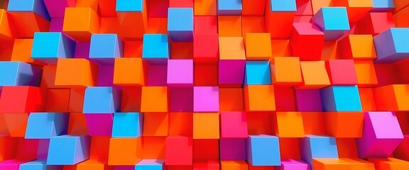 Vibrant 3D cube abstract art with bright orange pink red and blue colors creating a dynamic and energetic visual experience A stunning modern digital artwork, Banner