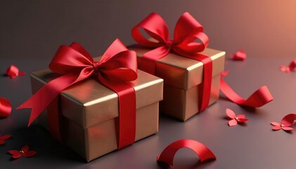 Obraz premium Elegant red ribbon tied gift boxes, gold accents, print, square, photography