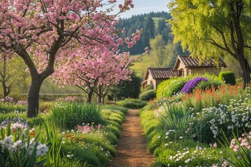 Fototapeta premium Enchanting Countryside Landscape with Lush Greenery and Colorful Blossoming Flowers