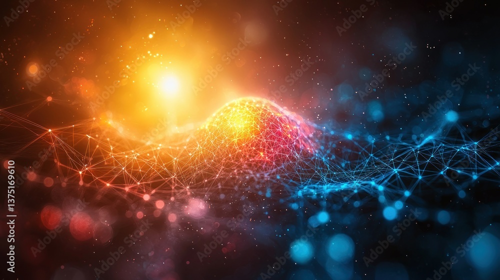 Poster abstract digital waveform: a symphony of connecting nodes in a universe of warm and cool hues