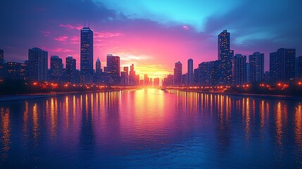 Fototapeta premium Vibrant city lights sparkling across calm river high resolution wallpaper