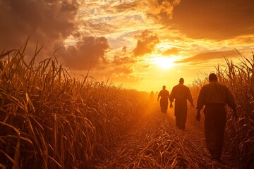 Farmers walk through sugarcane fields in Kenya at sunset, showcasing the importance of agriculture and community in rural life, surrounded by golden skies Generative AI