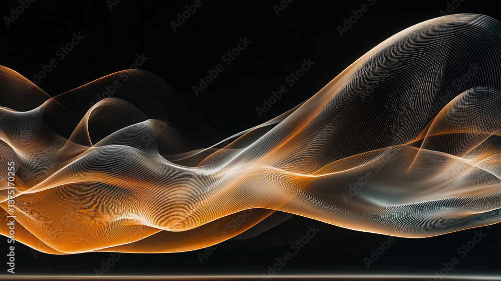 Poster abstract waves of orange and white light flow gracefully on dark background, creating dynamic and vi