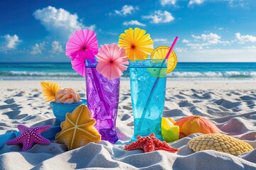 Bright Beach Decor with Colorful Accessories and Clear Blue Skies for a Tranquil Vacation