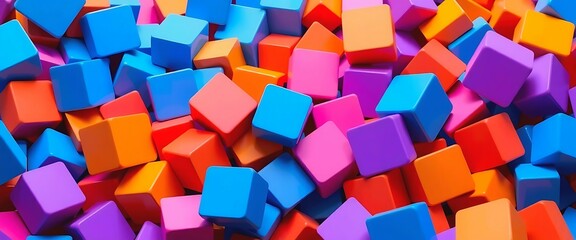 Obraz premium Vibrant colorful cubes pile creating a joyful playful and energetic abstract background image with a dynamic composition and bold saturated colors, Banner