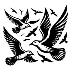 Flock of flying seagulls in retro vector style