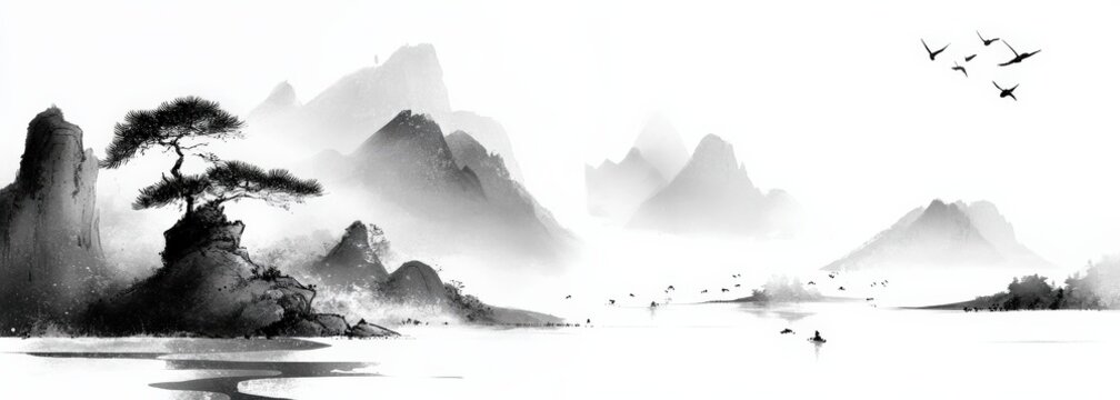 藤井　松山自筆　水墨画水辺の風景 Wall.it A4 フィギュアディスプレイケース専用背面デザイン