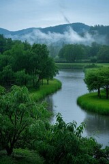 Obraz premium there is a river running through a lush green forest filled with trees
