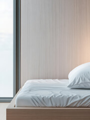 Modern bedroom with a minimalist design featuring a bed and large window