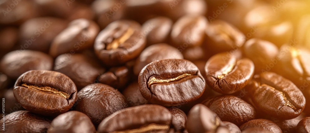 Poster close-up of a pile of coffee beans. the beans are dark brown in color and appear to be freshly roast