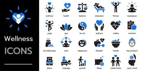 wellness icon set. fitness, health, yoga, aromatherapy, spa, relaxation and more. Solid vector icons collection
