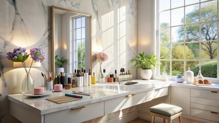 Sunlight streams through a large window illuminating a stylish vanity table with various cosmetic and beauty products, a mirror, flowers, and a comfortable stool.