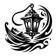 Lantern with waves and stars in mystical vintage style
