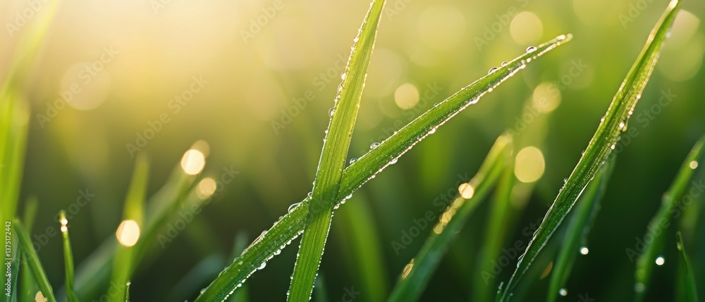 Poster close-up of a blade of grass with dew drops glistening on its surface. the grass is a vibrant green 