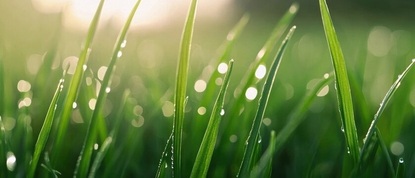 Close-up of a group of green grass blades with dew drops glistening on them. the blades are long and slender, with a pointed tip.