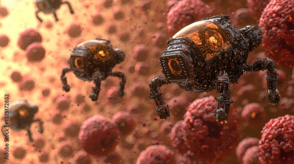 Poster microscale robots navigating through the bloodstream seeking out and destroying cancerous cells futu