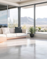 Fototapeta premium Modern living room with stunning mountain view and natural light during daytime
