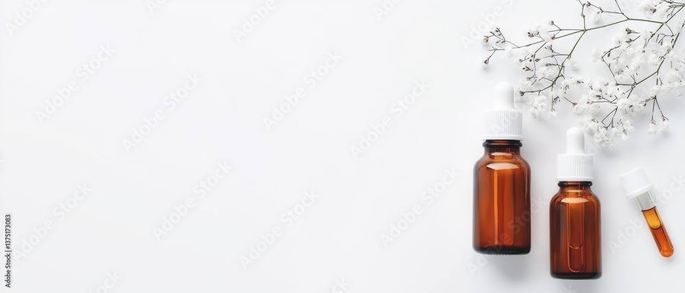 Poster three amber glass dropper bottles with white droppers on a white background. the bottles are arrange